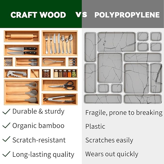 Bamboo Drawer Organizer 14 Pcs for Kitchen Multi-purpose Storage Dividers for