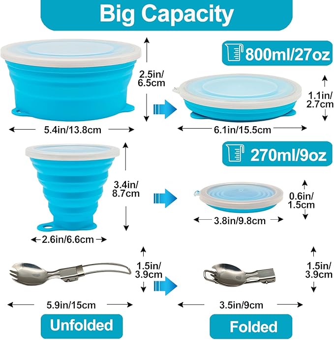 Mess Kit for Camping Silicone Collapsible Bowl Collapsible Cup and Stainless Steel Spoon for Backpacking Outdoor Hiking Traveling and Picnic - 2 Pack
