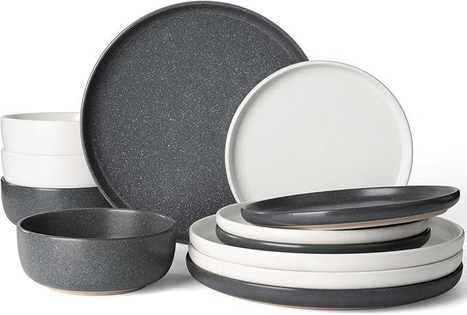 Famiware Milkyway Plates and Bowls Sets, 12 Pieces Dinnerware Sets, Reactive Glaze Dish Set, Stoneware Dishes Set for 4, Matte Beige White & Matte Dark Charcoal