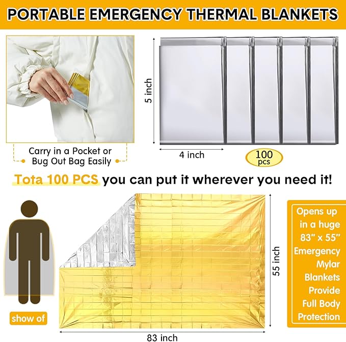100 Pack Emergency Foil Thermal Blanket Bulk 83 x 55'' Waterproof Space First Aid Survival Blanket for Outdoors, Camping, Hiking, Homeless, First Aid, 50 Pc Silver 50 Pc Gold Silver