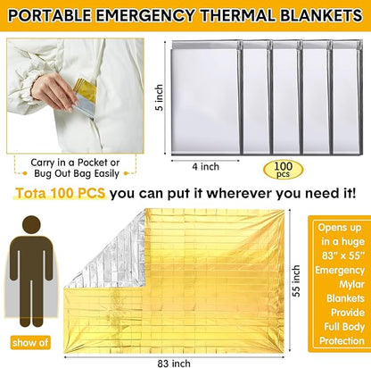 100 Pack Emergency Foil Thermal Blanket Bulk 83 x 55'' Waterproof Space First Aid Survival Blanket for Outdoors, Camping, Hiking, Homeless, First Aid, 50 Pc Silver 50 Pc Gold Silver