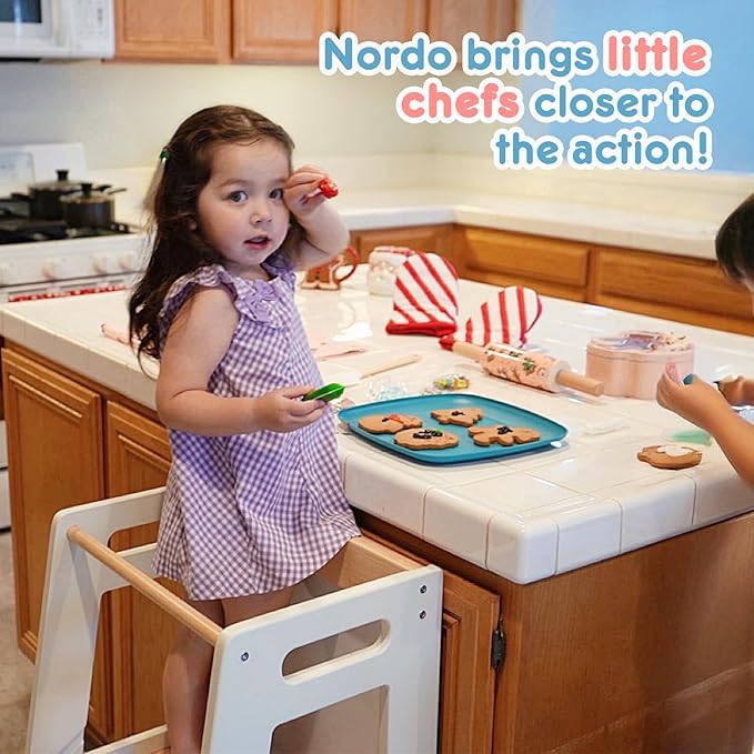 Toddler Kitchen Stools Helper with Adjustable Height and Anti-Slip Protection, Kids Standing Tower with Safety Rail, Kids Montessori Stool with Learning Chalkboard, White