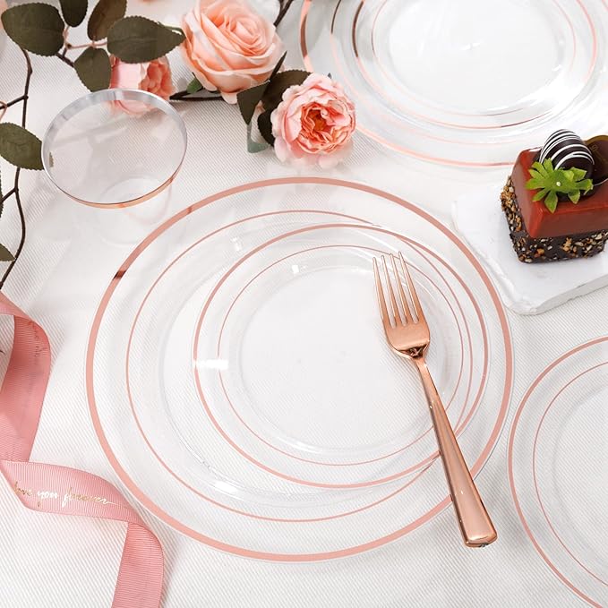 bUCLA 600PCS Clear Rose Gold Plastic Dinnerware Set Disposable - Include 100 Dinner Plates, 100 Dessert Plates, 100 Knives, 100 Forks, 100 Spoons, 100 Cups for Party, Wedding & Mother’s Day