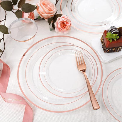 bUCLA 600PCS Clear Rose Gold Plastic Dinnerware Set Disposable - Include 100 Dinner Plates, 100 Dessert Plates, 100 Knives, 100 Forks, 100 Spoons, 100 Cups for Party, Wedding & Mother’s Day