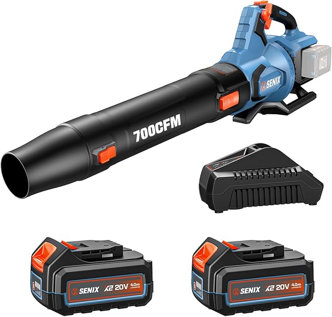 SENIX Leaf Blower Cordless, 40V Max Electric Leaf Blowers, Brushless, Handheld, Up to 700 CFM and 145 MPH, 2 Speed Mode, Cruise Control, Includes 2 x 4.0Ah Battery and Charger (BLAX2-M2)