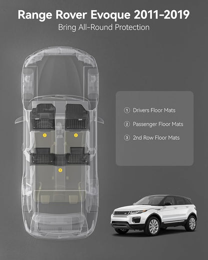 3W Durable TPE Black Floor Mats, Custom Fit for Range Rover/Land Rover Evoque 2011-2019 (Not for Convertible), 1st & 2nd Row All-Weather Vehicle Mat Set