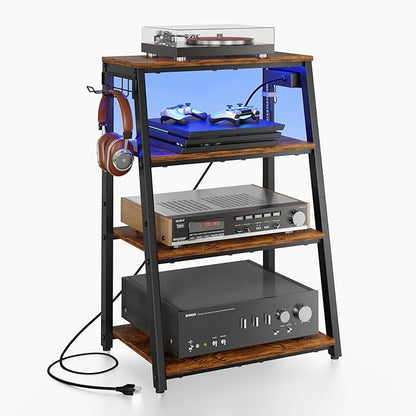 4-Tier AV Media Stand with Power Strips, Heavy Duty Stereo Cabinet Stand with