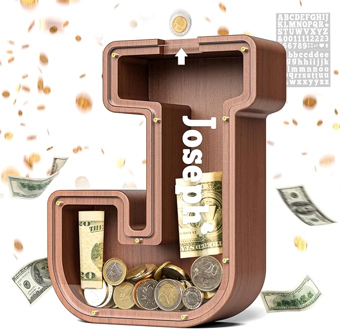Summidate Wooden Letter Piggy Bank, Extra Thick Large Capacity Piggy Bank for Kids Boys Girls Toddler, Alphabet J Money Bank| Coin Box Birthday, Christmas, Festival