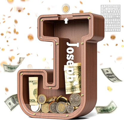 Summidate Wooden Letter Piggy Bank, Extra Thick Large Capacity Piggy Bank for Kids Boys Girls Toddler, Alphabet J Money Bank| Coin Box Birthday, Christmas, Festival