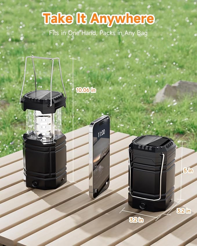 Solar Camping Lantern 4 Pack, Rechargeable LED Lantern with Flashlight, USB-C & Solar Powered, Collapsible Emergency Lights for Hurricane, Power Outages, Outdoor Use