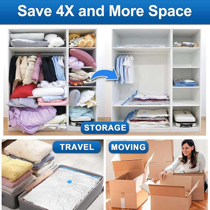 ZXA Vacuum Storage Bags with Electric Air Pump, 8 Pack (4 Large, 4 Jumbo) Vacuum Seal Bags for Clothing, Space Saver Vacuum Storage Bags for Blanket, Duvets, Pillows, Comforters - Blue