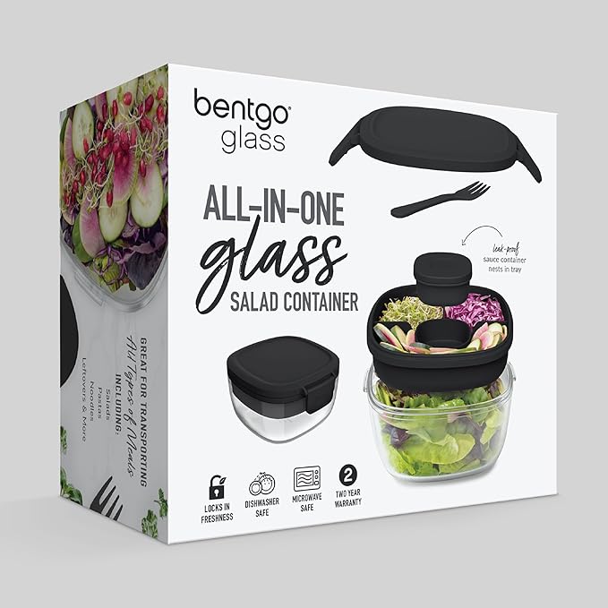 Bentgo Glass All-in-One Salad Container - Large 61-oz Salad Bowl with Lid, 4-Compartment Bento-Style Tray, 3-oz Sauce Container, and Reusable Fork - Dishwasher, Microwave, and Oven Safe (Black Onyx)