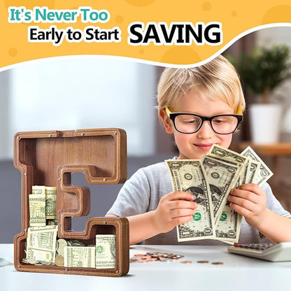 Summidate Large Wooden Piggy Bank for Kids Adults, Alphabets Letter A-Z Piggy Bank for Boys Girls, Coins Bills Change Bank Box Personalized Initial Name Kids Money Bank for Birthday Present and Decor
