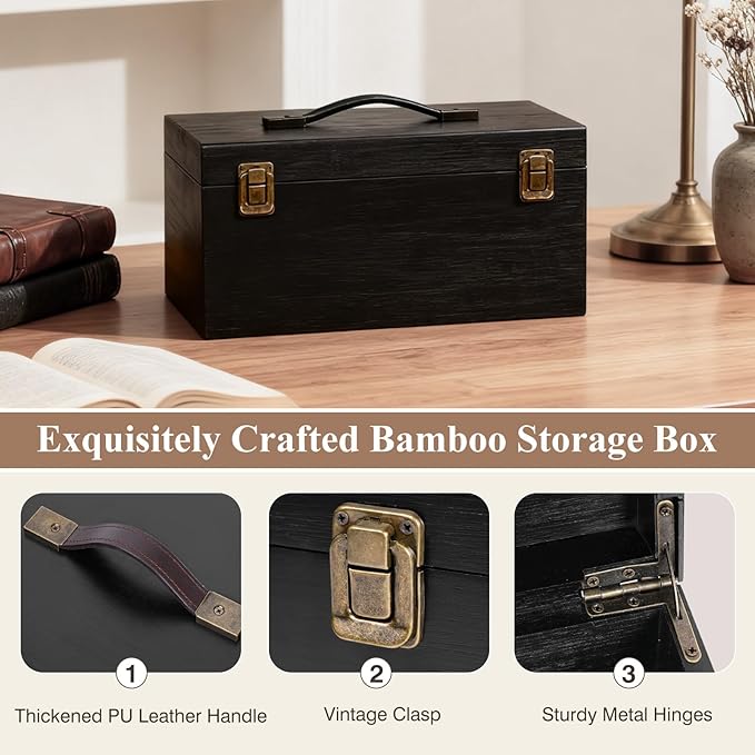 ANMINY Wooden Keepsake Memory Box with Lid Bamboo Wood Storage Box with Hinged Lid & PU Leather Handles Large Decorative Wooden Chest Box for Crafts Stash Gifts - Black, 11.8" L x 7.8" W x 5.9" H