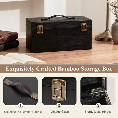 ANMINY Wooden Keepsake Memory Box with Lid Bamboo Wood Storage Box with Hinged Lid & PU Leather Handles Large Decorative Wooden Chest Box for Crafts Stash Gifts - Black, 11.8" L x 7.8" W x 5.9" H