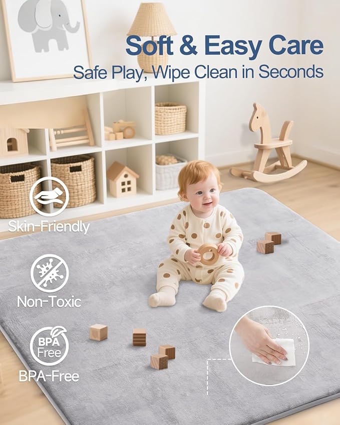 Large Thick Baby Play Mat for Floor,Padded 74x50 Playpen Mat,Foam Tummy Time Mat,Soft Support&Plush Feel Nursery Rug,Non Slip for Toddler,Infants,Kids Play,Yoga,Baby Crawling Mat (Light Grey)
