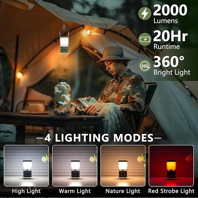 LED Camping Lantern Rechargeable, 2000LM Small Camping Lights Lantern with Redlight&20Hours Runtime&Stepless Dimming, Hurricane Emergency Lights for Power Outages, Waterproof, Camping Essentials,6pcs