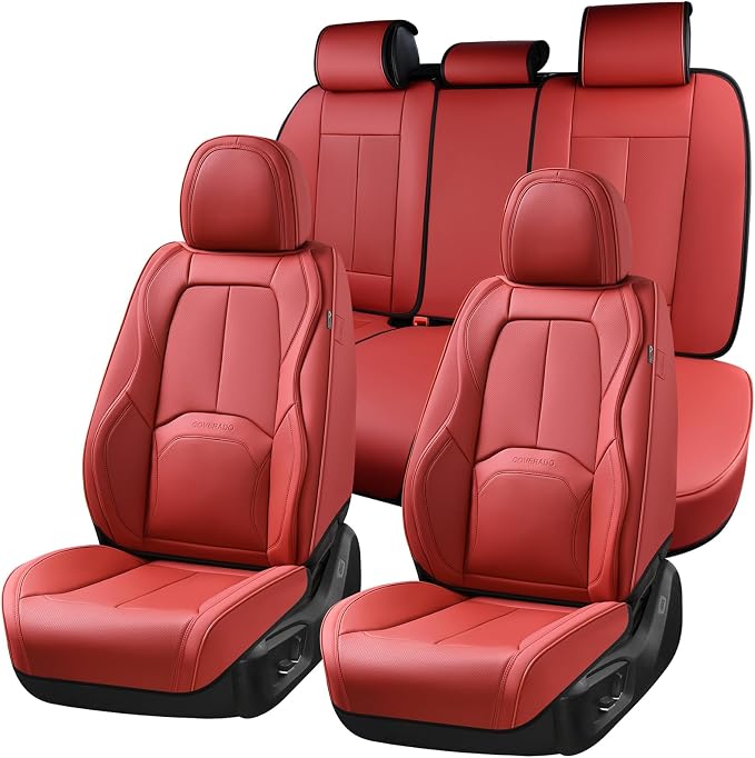 Coverado Car Seat Covers Full Set, Premium Nappa Leather Seat Covers for Car, Waterproof Car Seat Protector with Lumbar Support, Automotive Seat Covers Universal Fit for Most Cars SUV Truck, (Red)