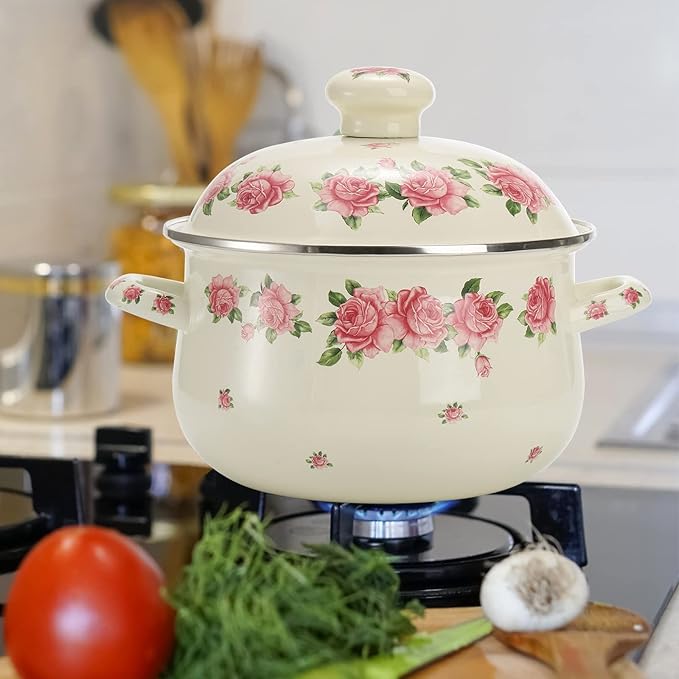 SOUJOY Enamel Stockpot with Lid, 2.8 Quart Retro Cooking Pot, Vintage Floral