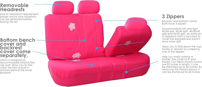 FH Group Floral Embroidery Car Seat Covers - Universal Fit, Split Bench Rear Seat, Washable Seat Cover for SUV, Sedan, Van, Rear Set, Pink