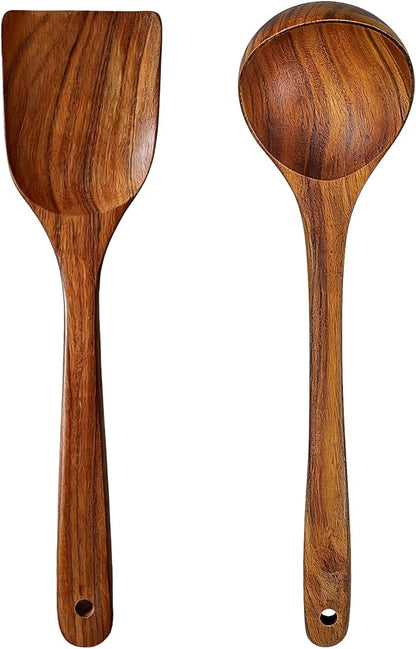 2Pcs Wooden Ladle and Spatula, Natural Acacia Long Handle, Large Capacity