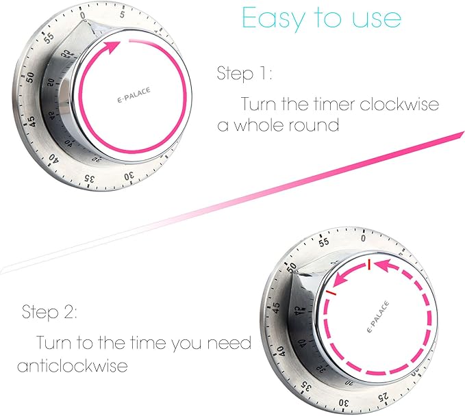 Kitchen Timer, 60 Minute Timer, Magnetic Loud Alarm, Mechanical Stainless Steel