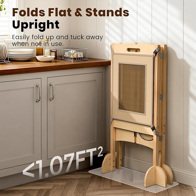 Toddler Tower Foldable Toddler Kitchen Stool Helper with 2 Step Stool, Safety Net, Adjustable Height, Chalk-Whiteboard& Montessori Activity