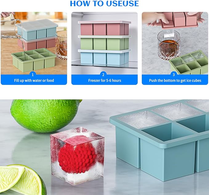 Large Ice Cube Tray for Whiskey 3 Pack, HANCELANT Big Silicone Square Ice Cube