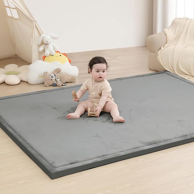Baby Play Mat for Floor,1.3" Thick Memory foam Tummy Time Mat,Water Repellent Soft Velvet Nursery Rug,Extra Large Non Slip for Crawling,Toddlers,Infants,kids,Tatami Style for Living Room(Dark Grey)