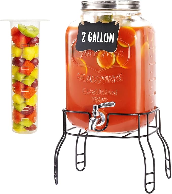 2 Gallon Large Glass Drink Dispenser Set, Beverage Dispensers