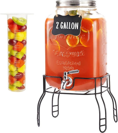 2 Gallon Large Glass Drink Dispenser Set, Beverage Dispensers