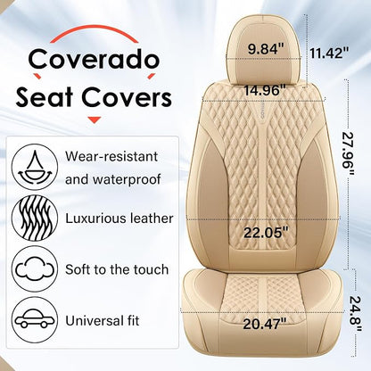Coverado Car Seat Covers Full Set, Waterproof Nappa Leather Seat Covers for Cars, Front and Back Car Seat Protector, Luxury Car Seat Covers, 5 Seats Universal Beige Car Seat Cover Fit for Most Cars