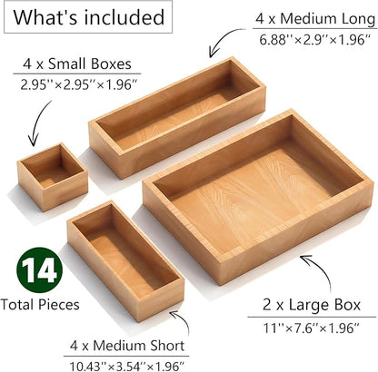 Bamboo Drawer Organizer 14 Pcs for Kitchen Multi-purpose Storage Dividers for