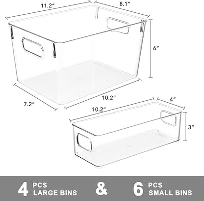 Tiawudi Set of 10 Clear Plastic Storage Bins, 4 Large and 6 Small Stackable