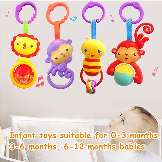 Baby Toys, Cartoon Animal Hanging Rattle Toys, Handbells Baby Rattles, Baby Bed Crib Car Seat Travel Stroller Toys for Infant, Best Birthday Gift for Newborn, 4 Pack