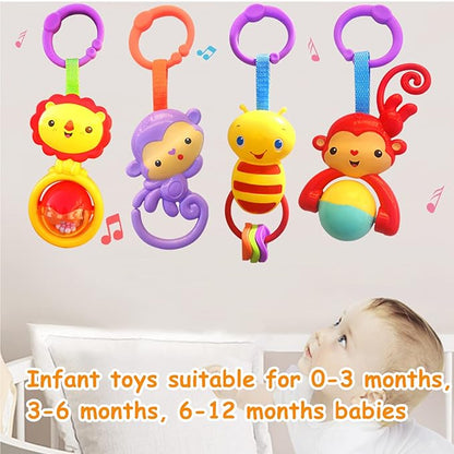 Baby Toys, Cartoon Animal Hanging Rattle Toys, Handbells Baby Rattles, Baby Bed Crib Car Seat Travel Stroller Toys for Infant, Best Birthday Gift for Newborn, 4 Pack