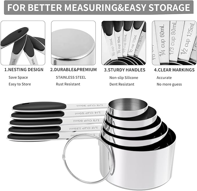 TILUCK Measuring Cups and Spoons Set, Stainless Steel, Kitchen Utensils
