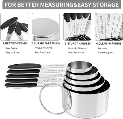 TILUCK Measuring Cups and Spoons Set, Stainless Steel, Kitchen Utensils