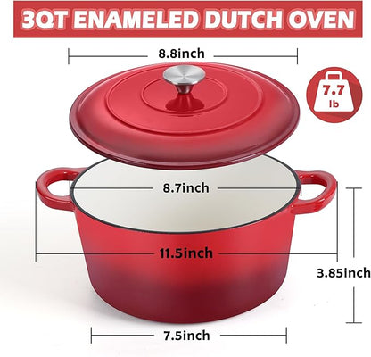 TeamFar 3qt Dutch Oven, Small Enameled Cast Iron Dutch Oven Pot