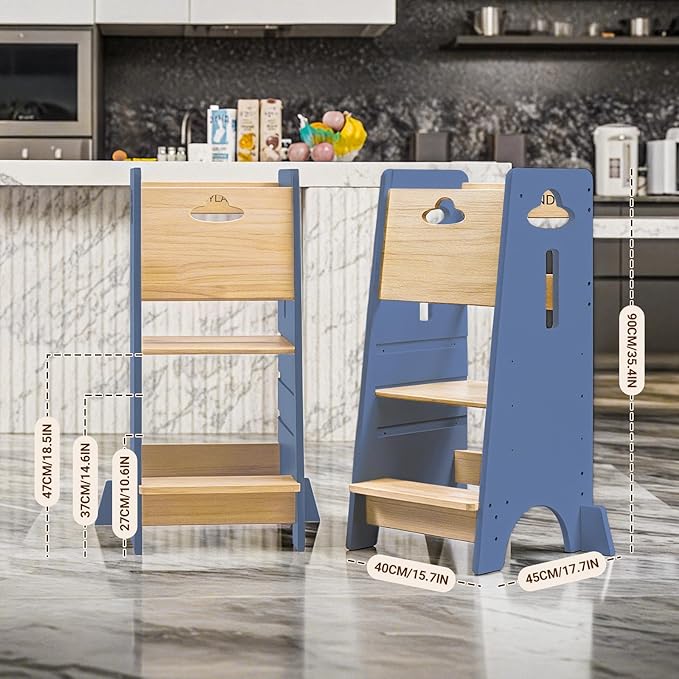 COSYLAND Toddler Standing Tower Adjustable Height - Super Stable Kids Kitchen Stool Helper - 3 Levels Adjustable Wooden Toddler Kitchen Stool (Natural & Navy Blue)