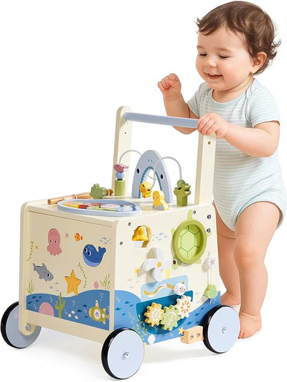ROBOTIME Wooden Baby Walking Toy, Montessori Baby Walker Push Toy with Adjustable Height & Speed, Activity Center Baby Push Toy with Music, Fishing Game & Storage for Toddler 10M+ (Ocean World Theme)