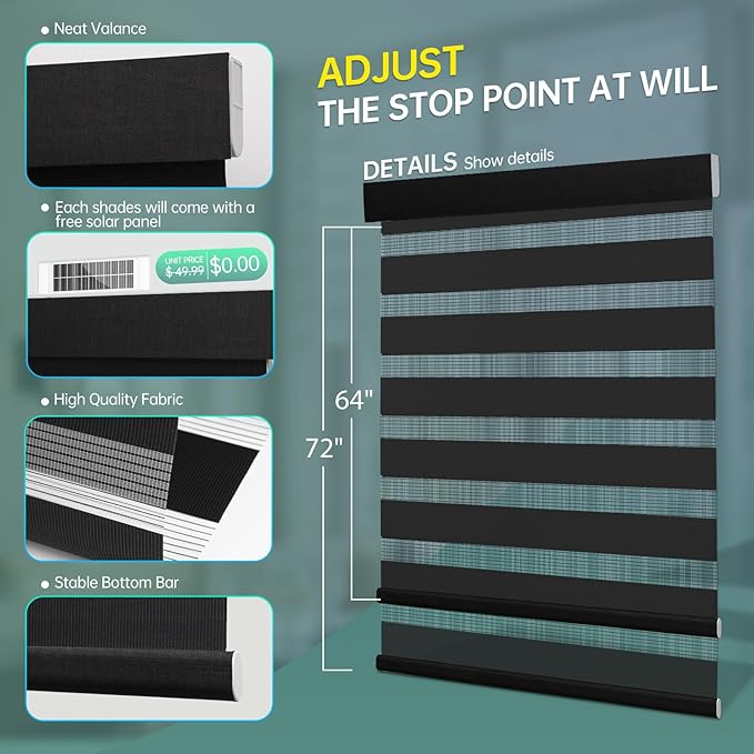 Motorized Zebra Blinds, Solar Powered Dual Layer Automatic Shades