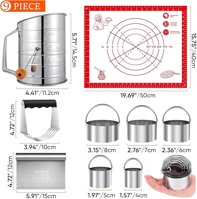 9PCS Stainless Steel Pastry Blender Set, 3 Cup Flour Sifter, Biscuit Cutter