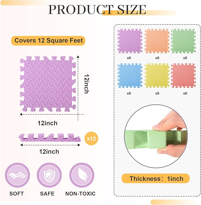 12x12x1 Inch EVA Thick Interlocking Foam Floor Tiles Puzzle Exercise Mat Play Foam Mats for Boys Girls Baby Pets Home Classroom Nursery Gym(Colorful)