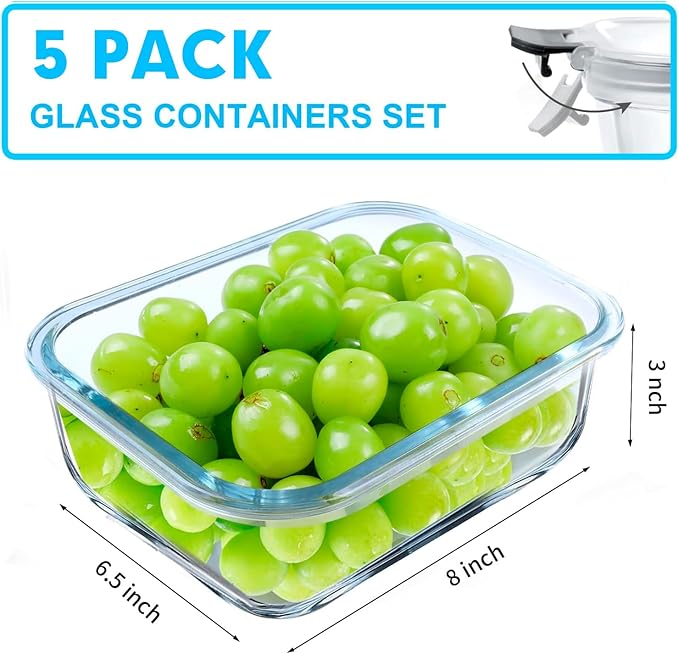 VERONES 5 Pack 36 OZ Glass Meal Prep Containers, Airtight Glass Lunch Containers Set, Glass Food Storage Containers with Lids,Exclusive of BPA, for Microwave, Oven, Freezer & Dishwasher Friendly,Grey