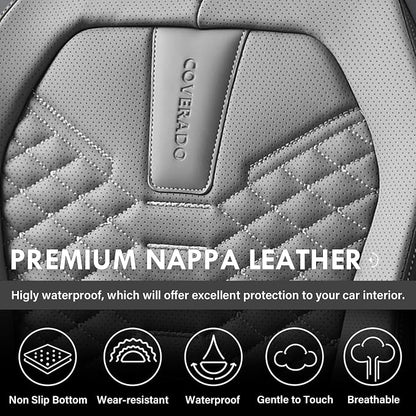 Coverado Seat Covers Full Set, Waterproof Nappa Leather Seat Covers for Cars, 5 Seats Universal Car Seat Protectors, Black and Gray Automotive Seat Covers Car Seat Cushions Fit for Most Cars