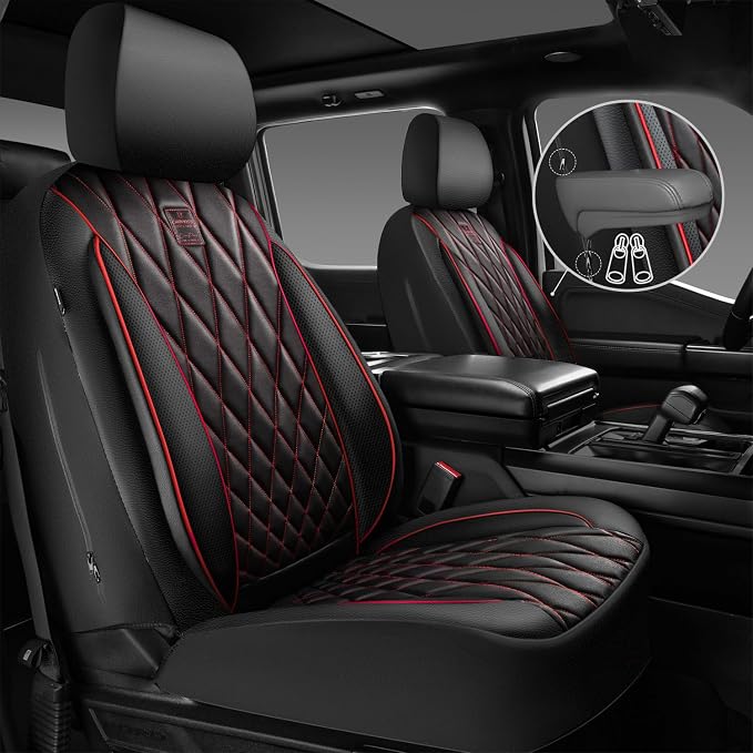 CAR PASS Piping Luxury PU Leather Two Front Car Seat Covers, Waterproof Anti Slip Seat Covers Compatible with Front Seat Armrests,Universal Fit for Suvs,Vans,Trucks,Airbag Compatible(Black and Red)