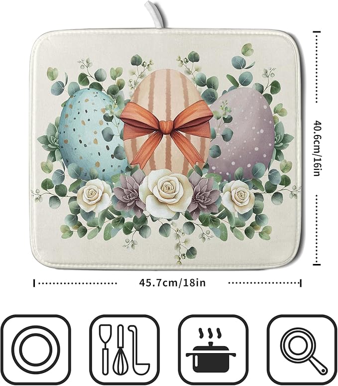 Happy Easter Eggs Dish Drying Mat 16x18 Inch Easter Day Eggs Flowers Dishes Pad