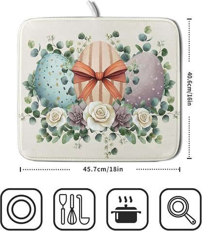 Happy Easter Eggs Dish Drying Mat 16x18 Inch Easter Day Eggs Flowers Dishes Pad