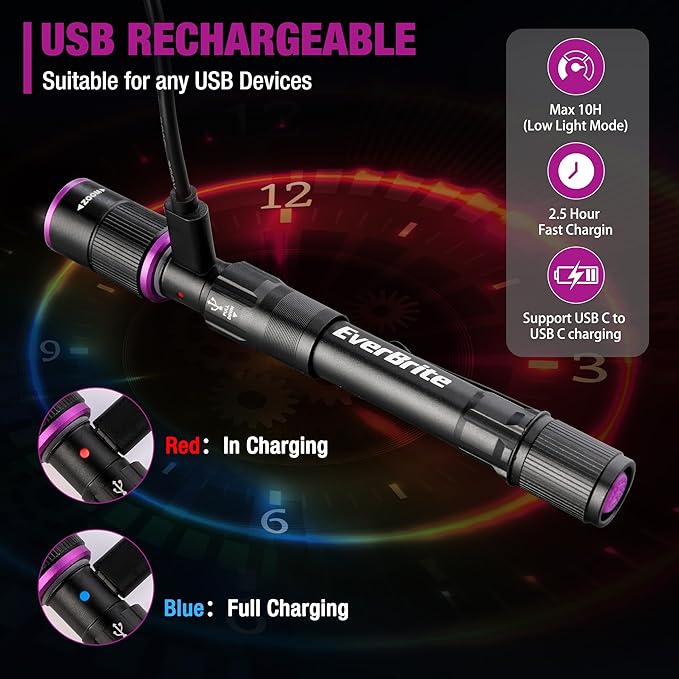 EverBrite Rechargeable Pen Flashlight with UV Light and White Light, 395nm Black Flashlight with Clip, Zoomable 4 Modes with Memory Function, USB C Cable, for Camping, Emergency, Pet Urine Detection